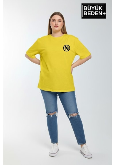 Superlife Kadın Büyük Beden N Baskılı 3xl-6xl Bisiklet Yaka Tshırt Spr26btsk510-19 Sarı