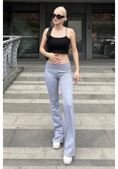 Madmext Grimelanj Beli Fitilli Yüksek Bel İspanyol Paça Pantolon Mg2096-grimelanj Gri Melanj