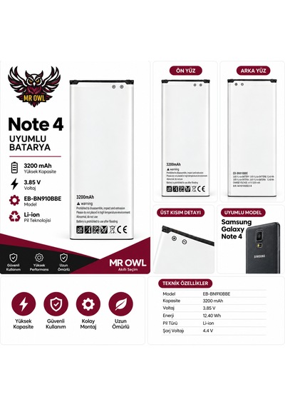 Samsung Galaxy Note 4 N910 Uyumlu Eb-bn910bbe 3200 Mah Li-ıon Batarya