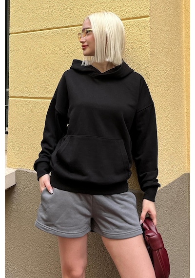 Siyah Kapüşonlu Oversize Cepli Sweatshirt Mg2207