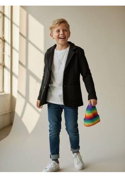 Zekids Erkek Çocuk Dokulu Örme Kumaş Cepli Mevsimlik Ceket-16646 Siyah