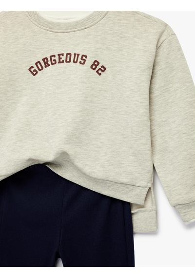Baskılı Uzun Kollu Şardonlu Sweatshirt Ve İspanyol Paça Pantolon Takımı - 2'li Set