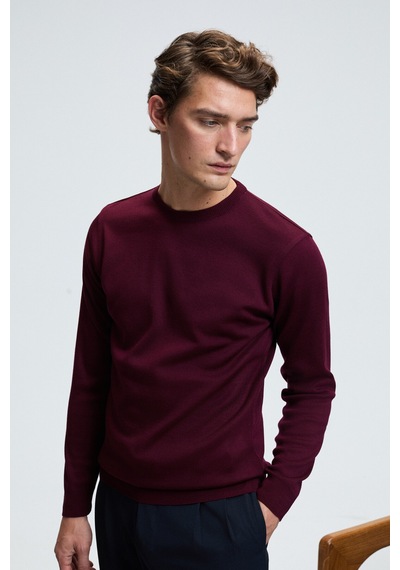 Grimelange VAREX Erkek Yuvarlak Yaka Basic Slim Fit Triko Bordo Kazak