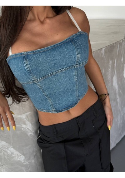 Herton Denim Korsaj Görünümlü Askılı Büstiyer Çok Renkli