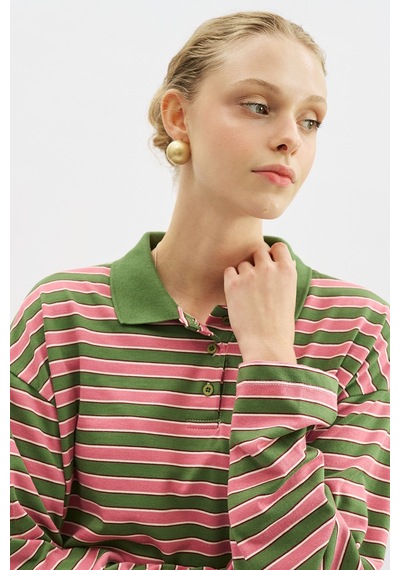 Manuka Çizgili Polo Yakalı Sweatshırt Pembe Ss26swt00002-78