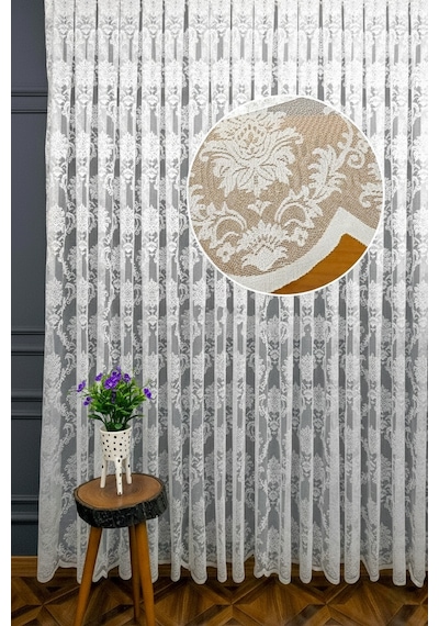 Caserta Damask Dantel Çiçek Desen Beyaz Düz Örme Tül Perde 1.sınıf Kalite Beyaz - Ekru