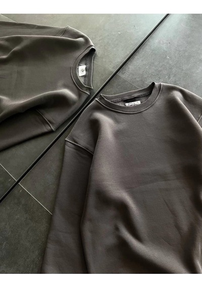 Primemagazam Kadın Bisiklet Yaka 3 İplik Pamuklu Basic Sweatshirt - Füme Çeşitli