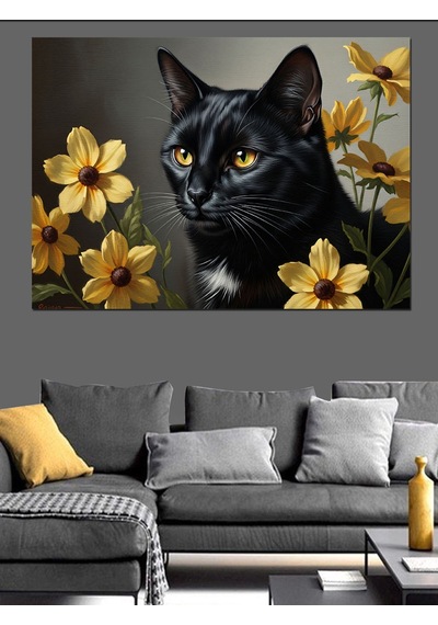 Ahşap Tablo Çiçekler İçinde Siyah Kedi Portresi Şehir Tabloları