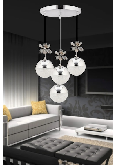 Kelebek 4'lü Gümüş Sarkıt 3 Renk Kademeli Ledli Kristal Taşlı Modern Led Avize Krom