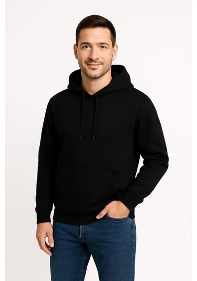 Mbb E-ticaret Erkek 3 İplik Pamuklu Kapüşonlu Kanguru Cepli Sweatshirt Hoodie - Siyah