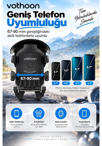 Şarjlı Motosiklet Telefon Tutucu Güneş Ve Yağmur Korumalı 15w Kablosuz 360 Döner Gidon Ve Ayna Bağlantılı