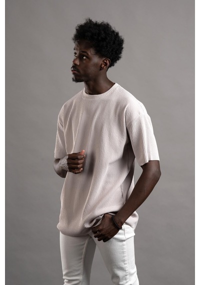 Oversize Bol Kesim Kalın Fitilli Bisiklet Yaka Kısa Kol T-shirt 001