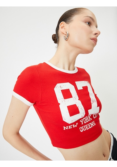 Koton Crop Kolej Tişört Baskılı Kısa Kollu Bisiklet Yaka Biyeli Kırmızı 4sal11023ık Kırmızı