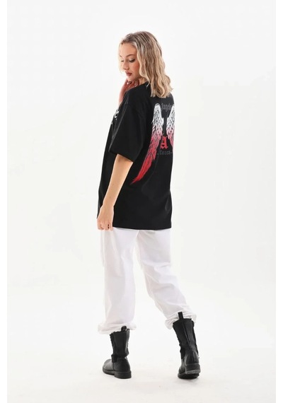 Kadın Baskılı Tişört Kısa Kol Bisiklet Yaka Oversize T-shirt - Siyah