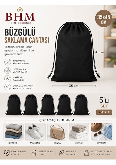 5'li Büzgülü Saklama Çantası 35x45 Cm Nefes Alan Ayakkabı Kılıfı Toz Koruyucu Organizer Siyah