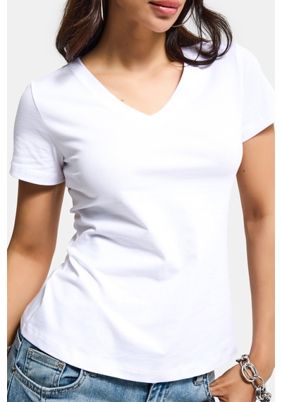 Itsbasic Kadın Beyaz S6-2 V Yaka %100 Organik Pamuk Esnek Kumaş T-shirt