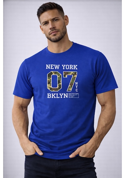 Herkesemoda Yazı Detaylı Basic T-shirt Mavi