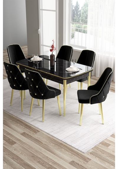 Canisa Tia Serisi 80x132 Açılabilir Siyah Mermer Desen Gold Detay Masa Takımı Ve 6 Siyah Sandalye Masa Siyah Mermer Desen Sandalye Siyah Canisa Tia Serisi 80x132 Açılabilir Siyah Mermer Desen Gold Detay Masa Takımı Ve 6 Siyah Sandalye Masa Siyah Mermer Desen Sandalye Siyah