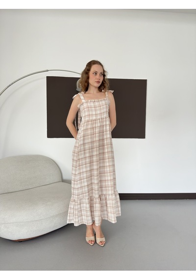 Verymoda Kadın Ekose Desenli Askı Bağlama Detaylı Maxi Elbise Kahve