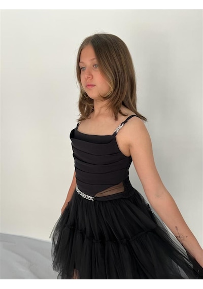 Butikhappykids Kız Askılı Siyah Zincir Detaylı Kat Etekli Kuyruklu Abiye 10-15 Yaş Siyah