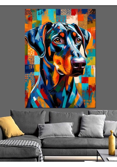 Ahşap Tablo Renkli Geometrik Doberman Köpek Portresi
