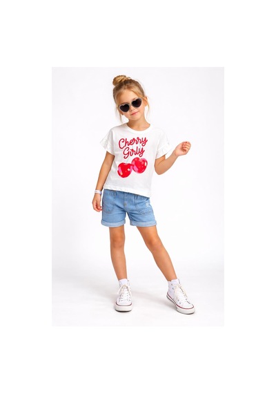 Cherry Girly Serisi Kız Çocuk Denim Şortlu Yazlık - 2'li Takım-71799 Beyaz