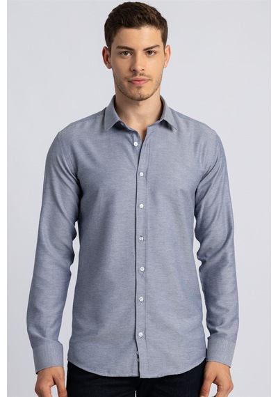 Tudors Modern Slim Fit Dar Kesim Armürlü Erkek Gömlek-14658 Lacivert
