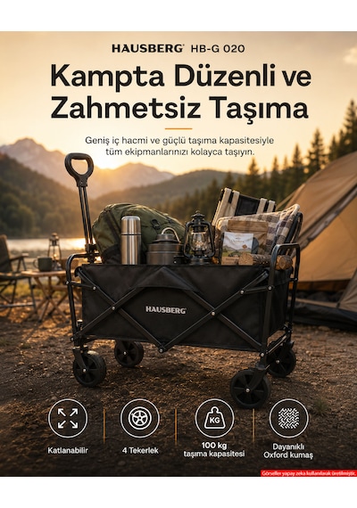 Hausberg Camping Katlanır Kamp Arabası 360 Dönen Kalın Tekerlekli Katlanabilir Vagon, Su Geçirmez Plaj / Pazar / Piknik / Bahçe Taşıma Arabası Siyah Hb-g 020