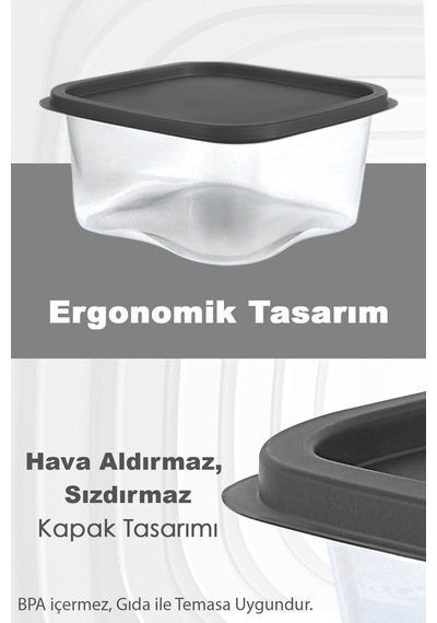 Meleni Home Kare Erzak Gıda Saklama Kabı Mikrodalga Derin Dondurucu Saklama Kabı Antrasit 3300 ML 4 Adet Gri