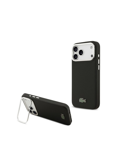 Apple Uyumlu iPhone 17 Pro Max Kılıf Lacoste Lisanslı M-safe Şarjlı Pu Pike Desenli Standlı Metal Logolu Siyah