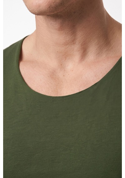 Rizzup Erkek Haki %95 Pamuk Slim Fit Kesik Açık Yaka Likralı Penye Sweatshirt Oval Kesim 2602299