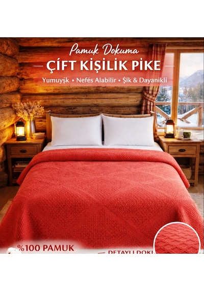 Şaheser %100 Pamuk Çift Kişilik Pike 240x220 Tek Pike -brick Red Kırmızı