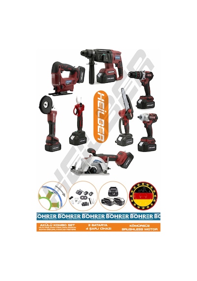 Böhrer Alman 4 Akü 2 Şarj Cihazı V598 Profesyonel 8 Makine Kombo Set + Kırmızı Çanta
