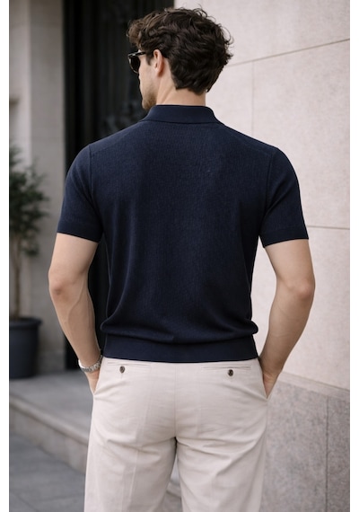 Erkek Fermuarlı Polo Yaka Triko Tişört Slim Fit Dokulu Yazlık Şık Casual Lacivert