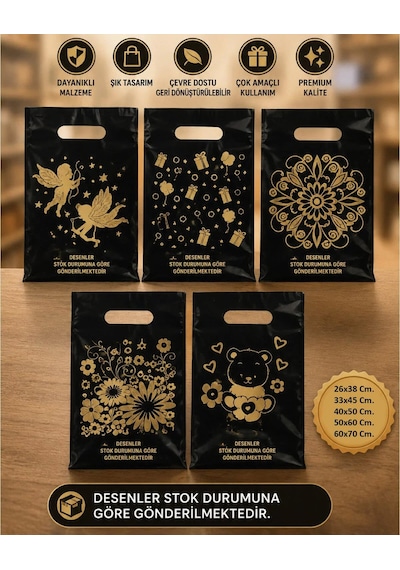 Omeyva Baskılı Siyah Küçük Blok El Geçme Poşet Torba - No : 0 - 20x30 Cm. - 100 Adetlik 1 Paket
