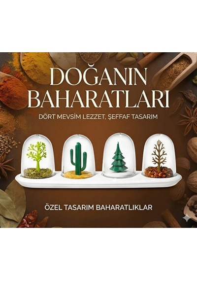 4 Mevsim Temalı Tasarım Baharatlık Seti - Dekoratif Ağaç Tuzluk Biberlik Şeffaf
