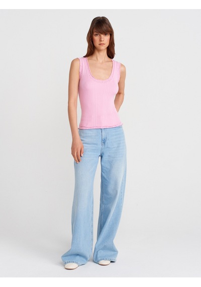 Dilvin 10750 Fitilli İnce Dokulu Triko Bluz-pembe Pembe
