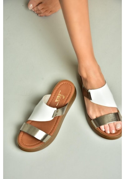 Fox Shoes S291059703 Beyaz/platin Hakiki Deri Kalın Tabanlı Kadın Terlik Beyaz/platin-hakiki Deri Çok Renkli