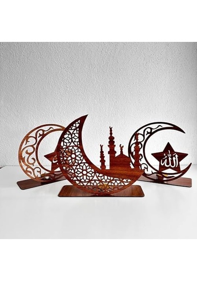 3'lü Dekor Tealight Mumluk Ceviz Ramazan Ayına Özel Açık Ahşap