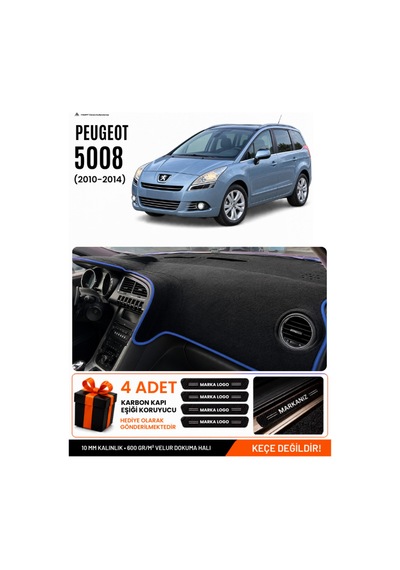 Peugeot 5008 Ekransız 2010-2014 Uyumlu Torpido Örtüsü, Torpido Kılıfı - Siyah Mavi