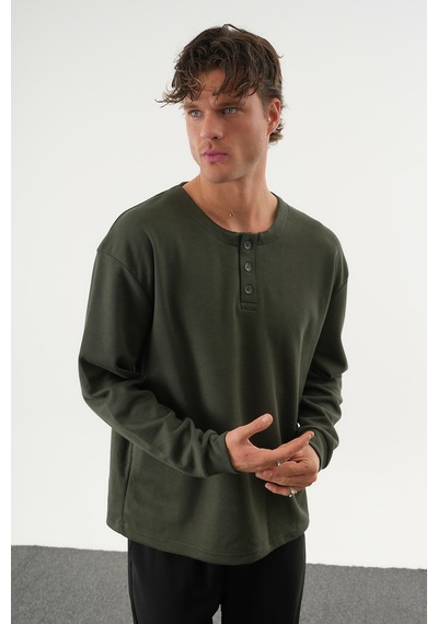 Redline Taren Oversize Erkek Kışlık Düğmeli Sweatshirt Haki