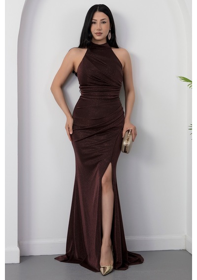 Kalopya Halter Yaka Yırtmaçlı Simli Elbise Drp0013 Kahve