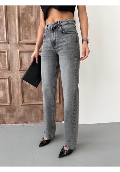 Kadın Straight Yüksek Bel Boru Paça Kot Pantolon Orta Füme Siyah+orta Füme