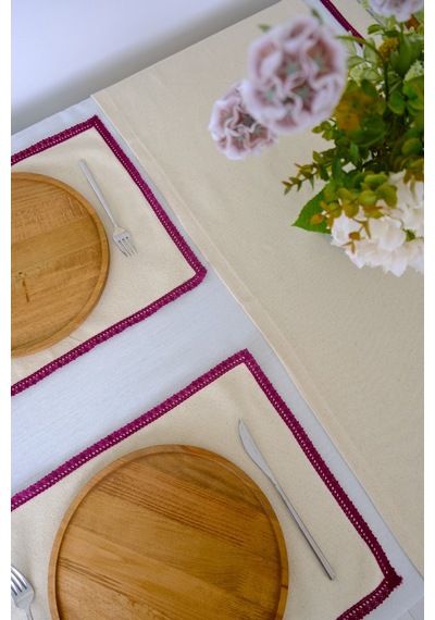 Yakacihome Terra 5 Parça 4 Parça Amerikan Servis & 1 Parça Runner Duck Keten Mürdüm Fisto Dantel Biyeli Set Bordo - Krem