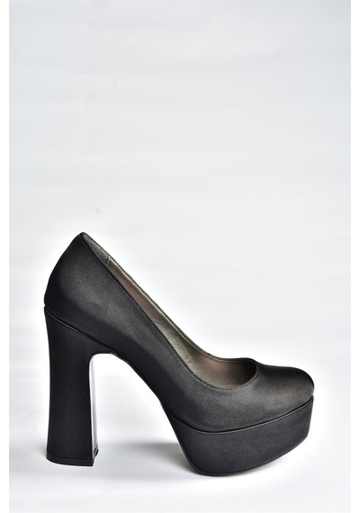 Fox Shoes Siyah Saten Kumaş Kalın Topuklu Kadın Abiye Ayakkabı M348007904 Siyah-Kumaş