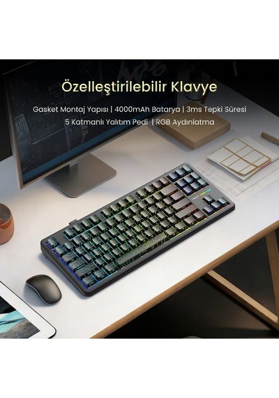 Aula F87 Pro Mekanik Rgb Tkl Kayhua İntelligent Switch Kablosuz Makrolu Hot Swap Klavye Desenli Siyah