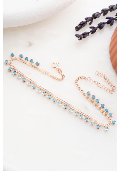925 Ayar Gümüş Rose Kaplama Gurmet Zincirli Turkuaz Taşlı Halhal Rose Gold