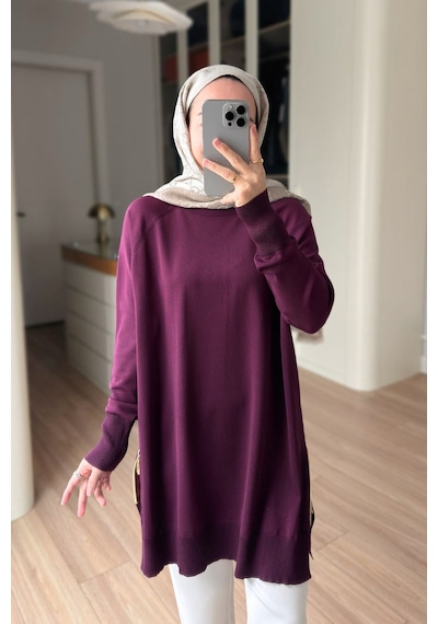 Kahijab Yan Fermuar Basic Merserize Tunik - Mürdüm
