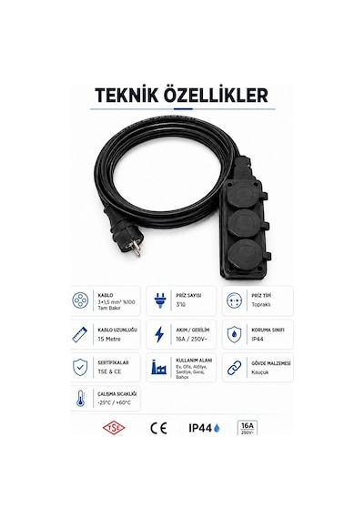 Öznur Kablo Seyyar Uzatma Kablosu 15 Metre Ttr 3x1,5 Mm %100 Tam Bakır Kablo Seldur 3'lü Kauçuk Grup Priz Orel Kauçuk Fiş Ip54 Ip44 15 M