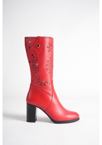 Analin Shoes Kadın Hakiki Deri Yıldız Ve Lazer Kesim Detaylı Topuklu Çizme Kırmızı